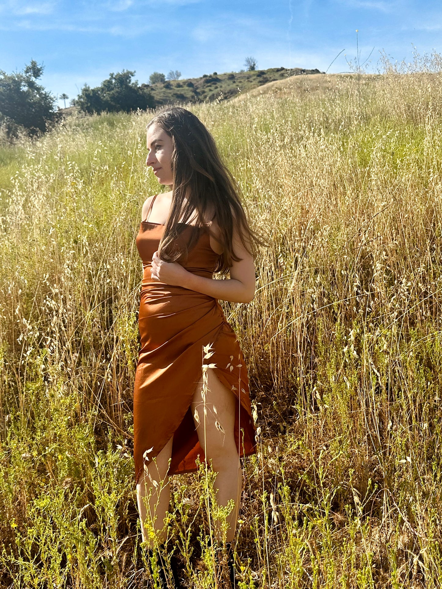 Petite Midi Satin Dress - Burnt Orange