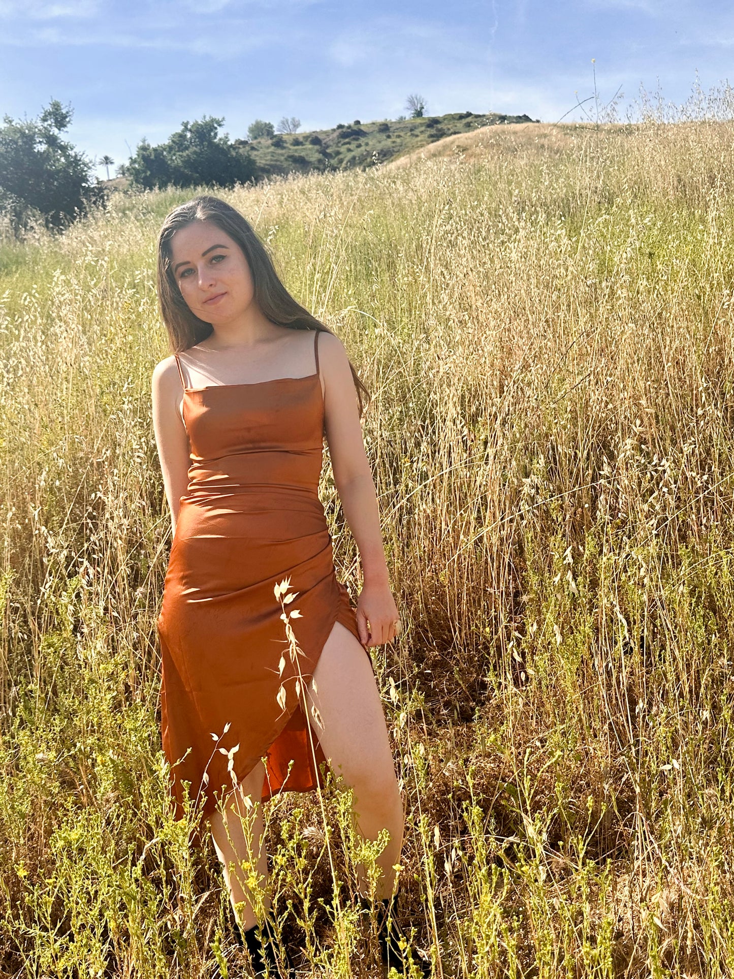 Petite Midi Satin Dress - Burnt Orange