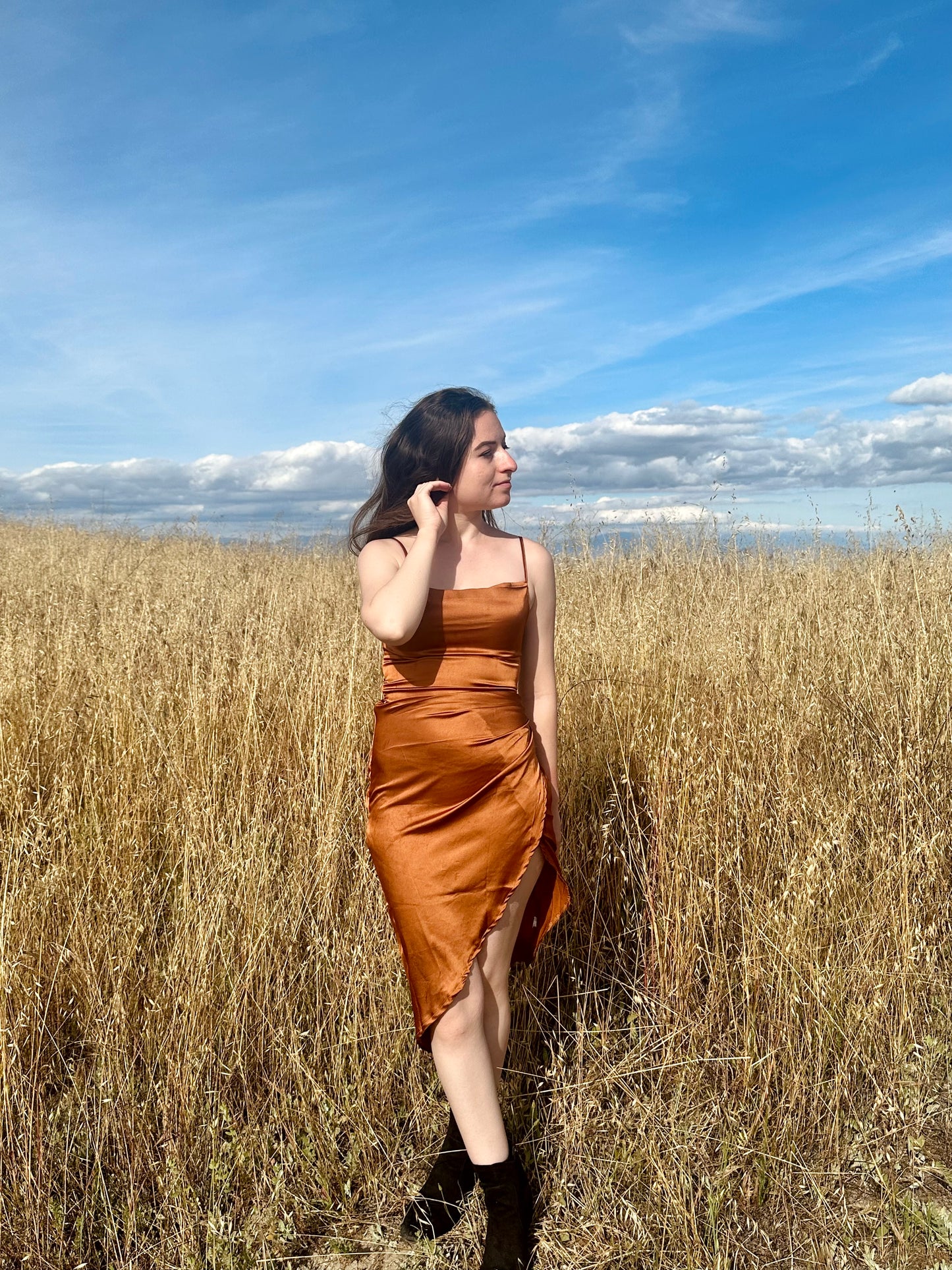 Petite Midi Satin Dress - Burnt Orange
