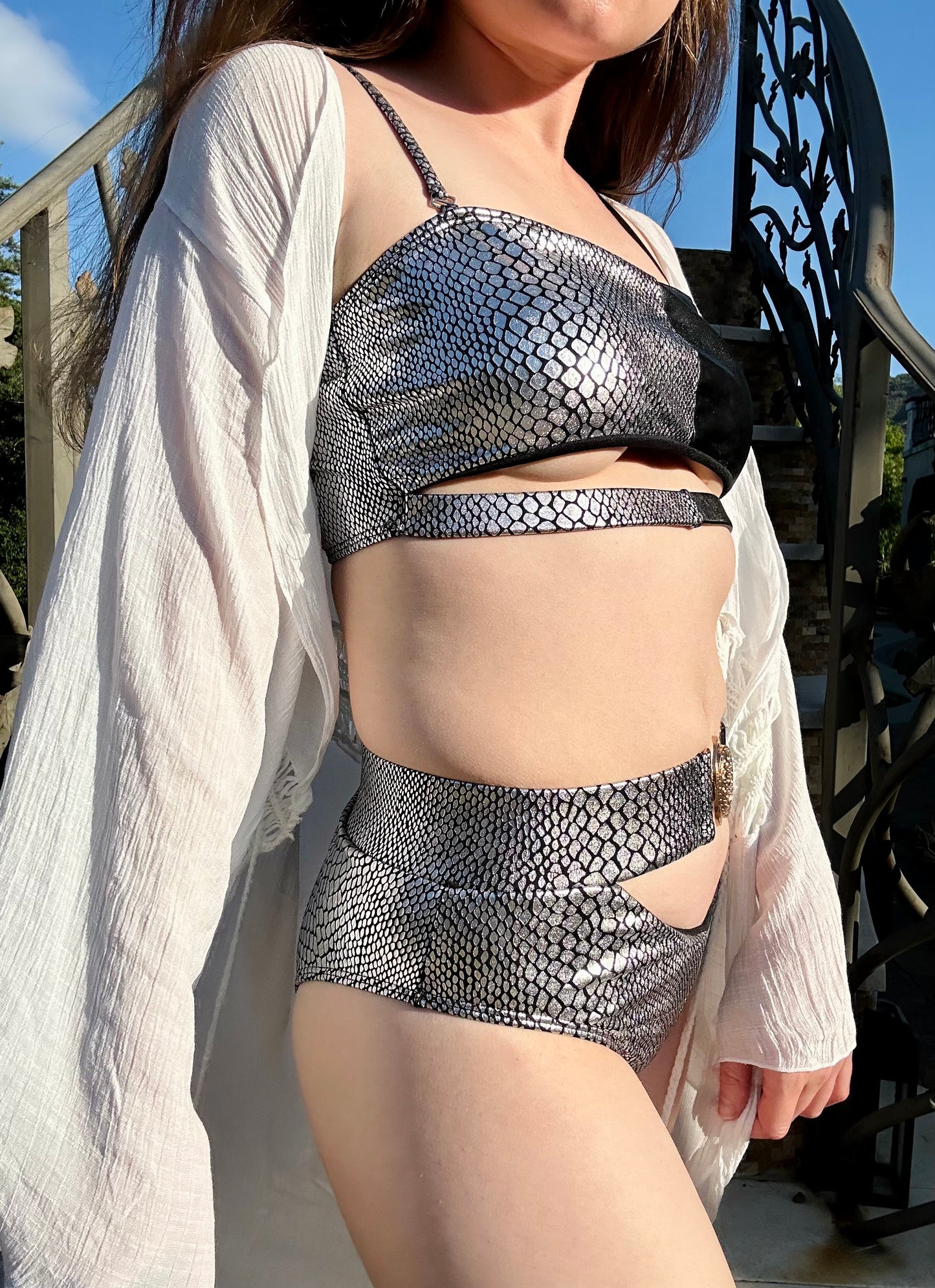 Cut Out Two Piece Swimsuit Set - Black and Silver Snake Skin