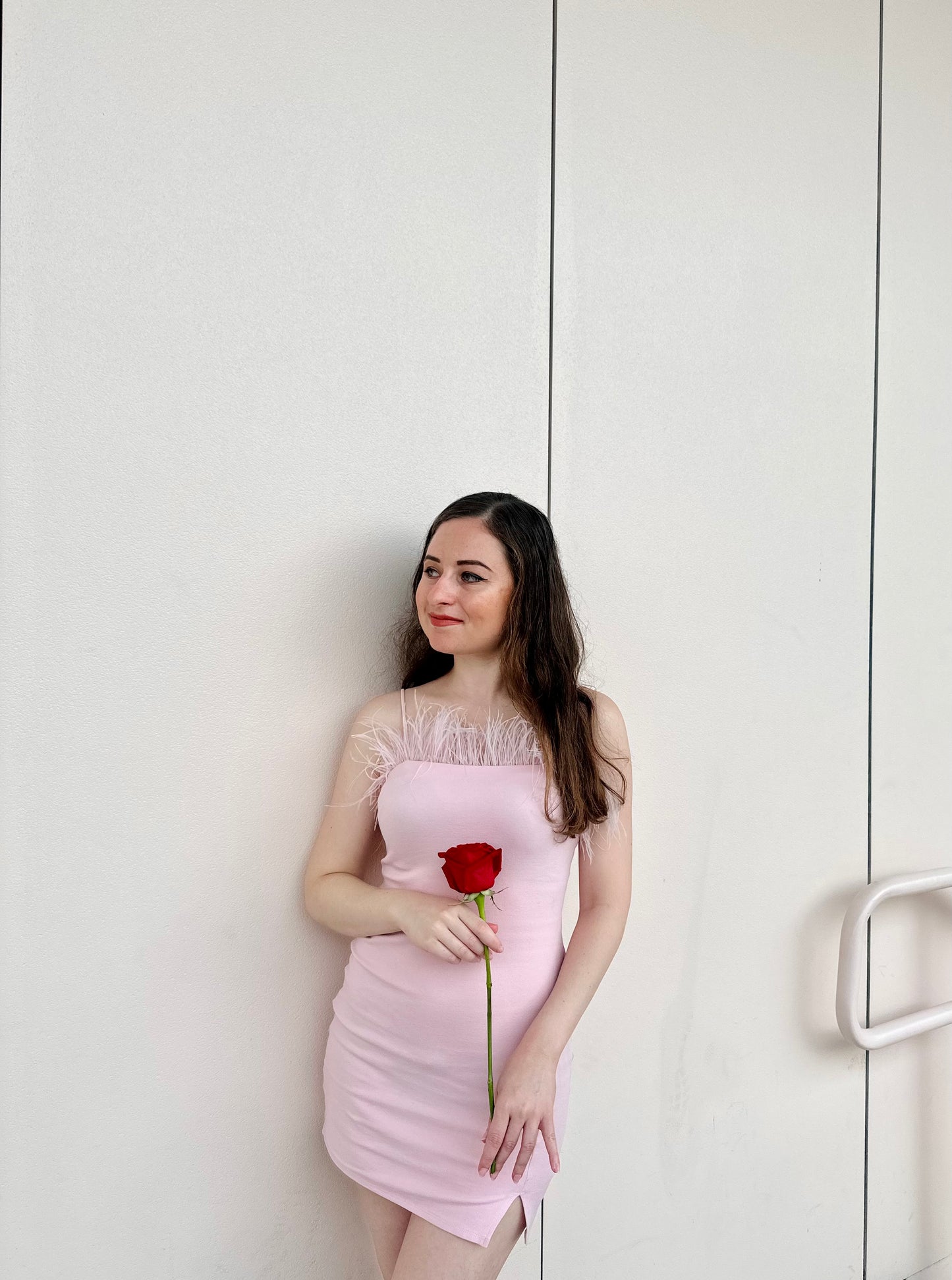 Feather Trim Slit Mini Dress - Pink