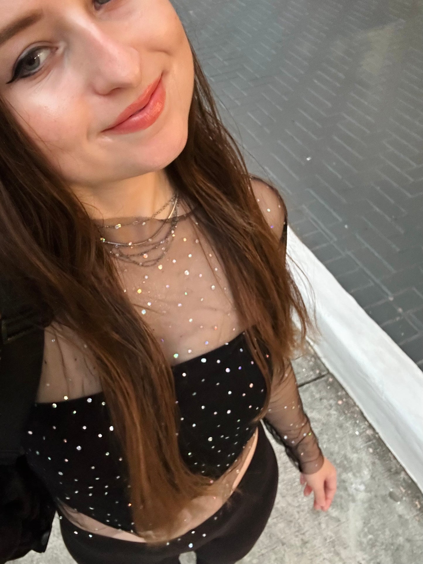 Sheer Long Sleeve Rhinestone Glitter Mesh Crop Top - Black
