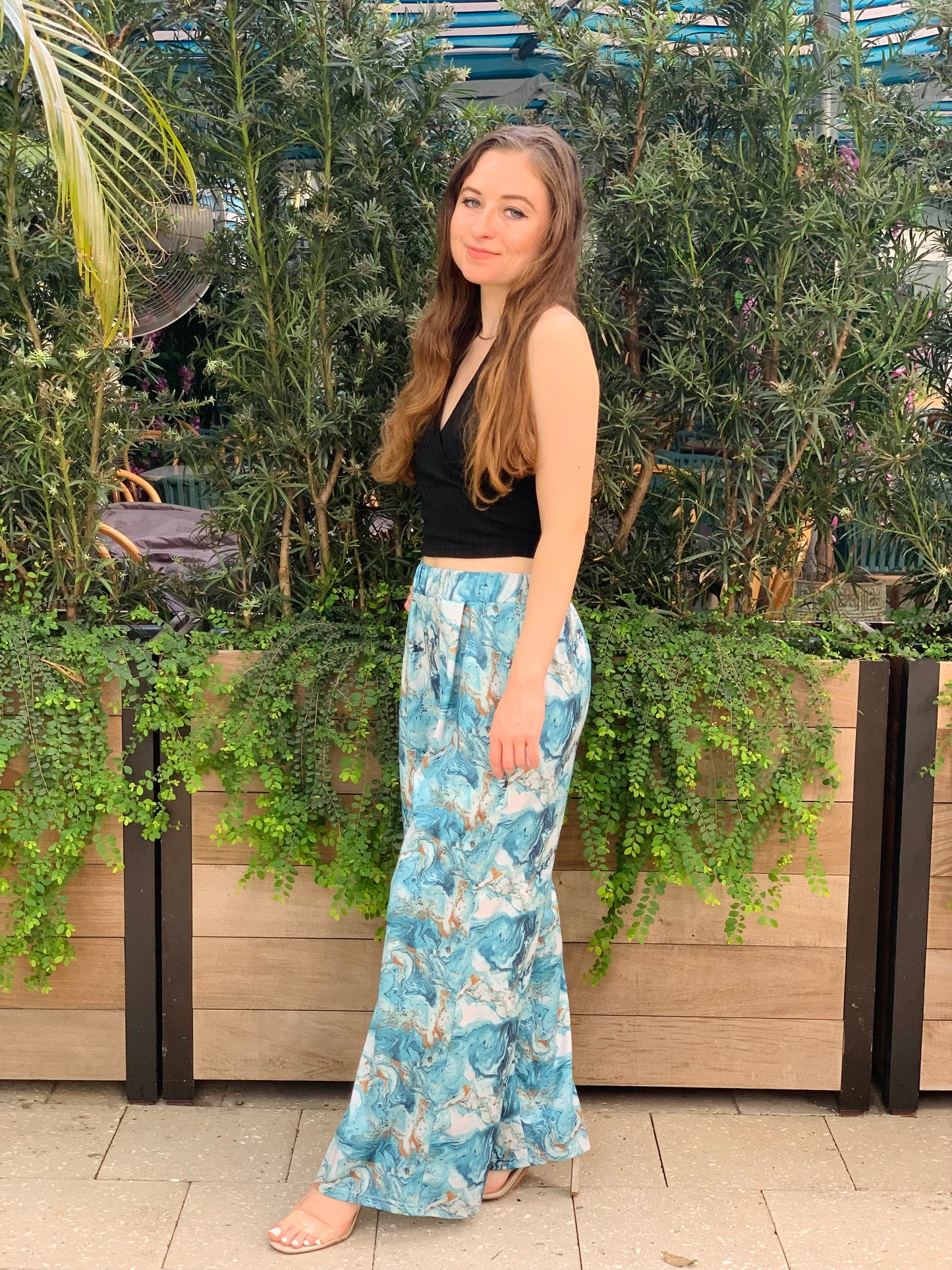 Petite Blue and Gold Marble Wide Leg Pants