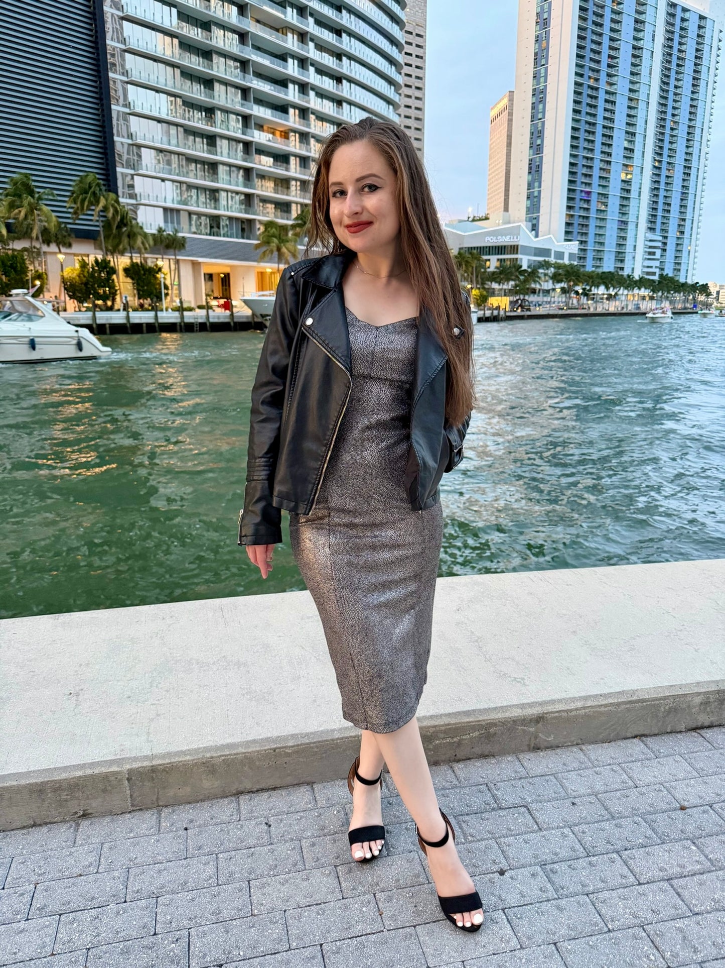 Textured Metallic Midi Dress - Black and Silver