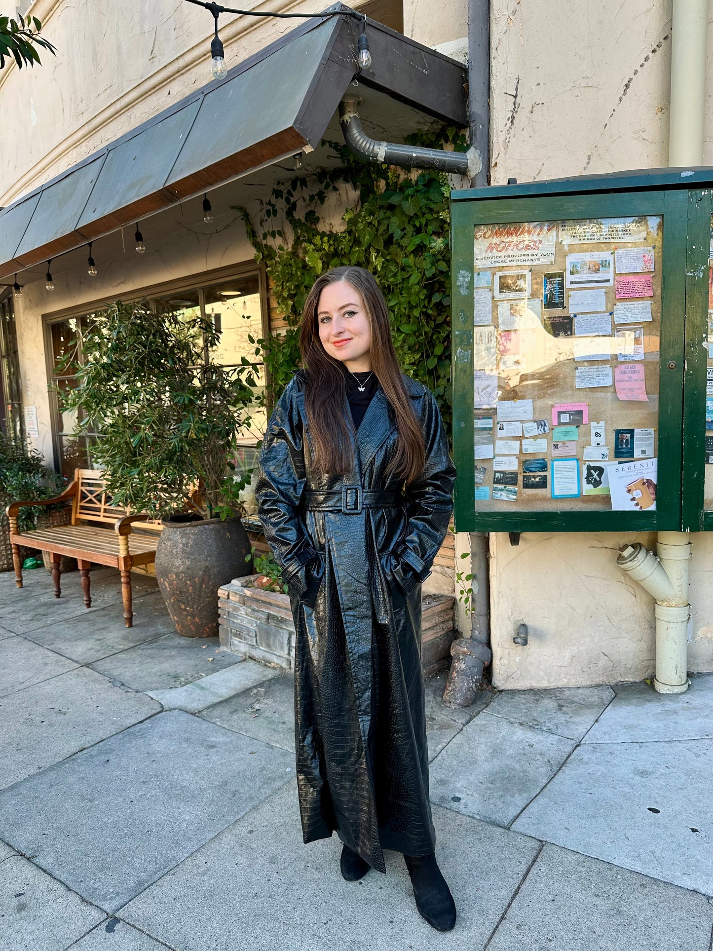 Black Crocodile-Embossed Faux Leather Trench Coat