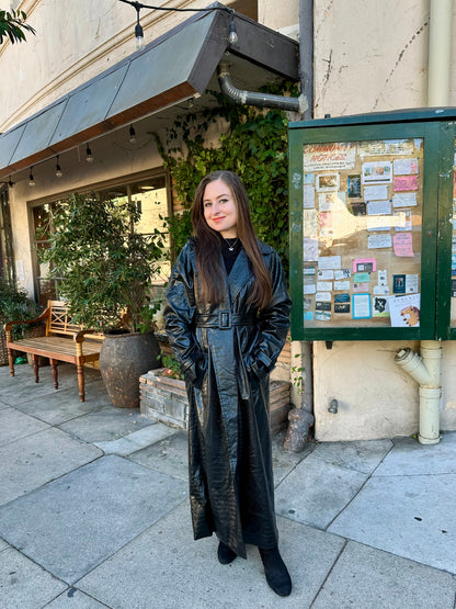 Black Crocodile-Embossed Faux Leather Trench Coat