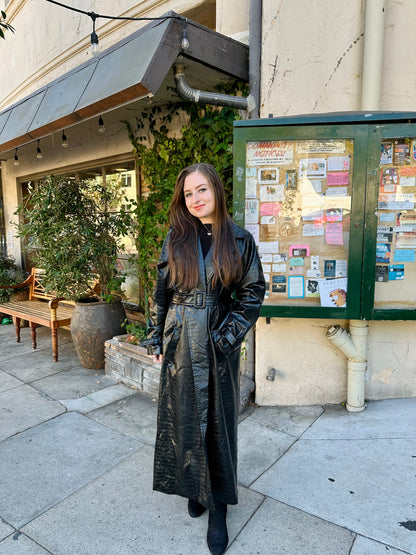 Black Crocodile-Embossed Faux Leather Trench Coat