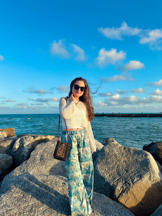 Petite Blue and Gold Marble Wide Leg Pants