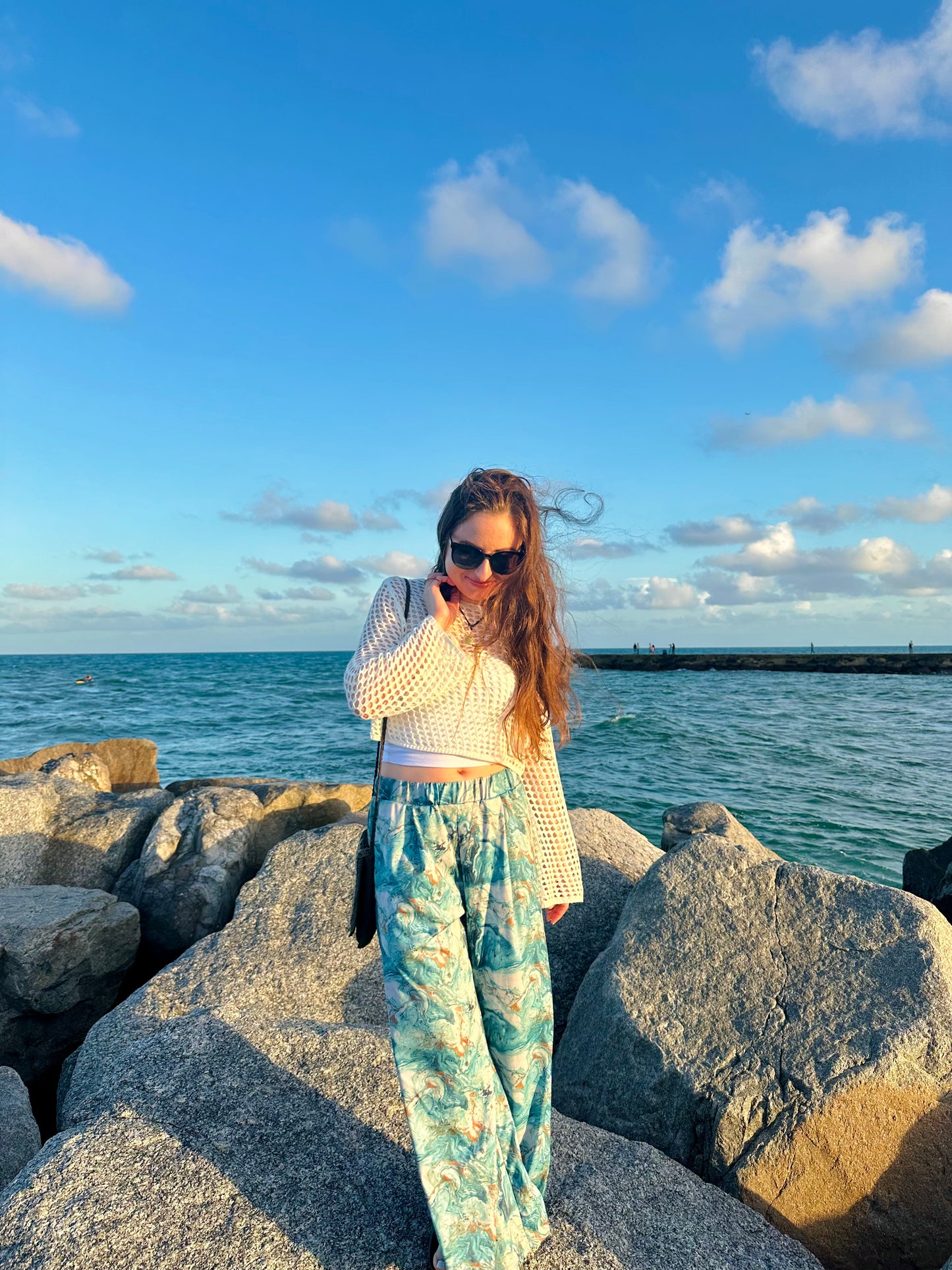 Petite Blue and Gold Marble Wide Leg Pants
