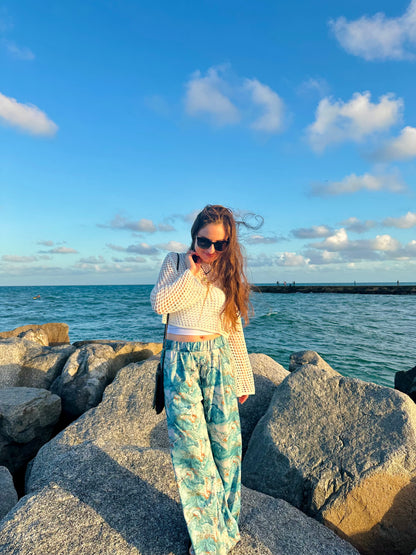 Petite Blue and Gold Marble Wide Leg Pants