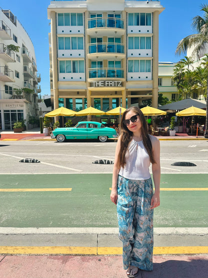 Petite Blue and Gold Marble Wide Leg Pants
