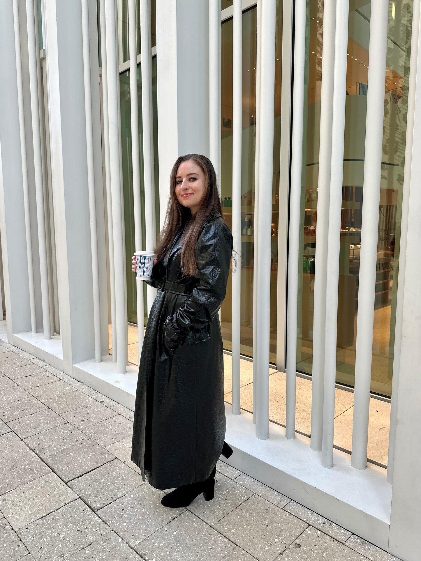 Black Crocodile-Embossed Faux Leather Trench Coat