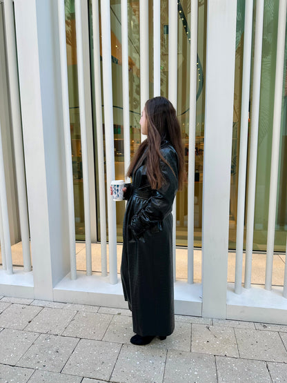 Black Crocodile-Embossed Faux Leather Trench Coat