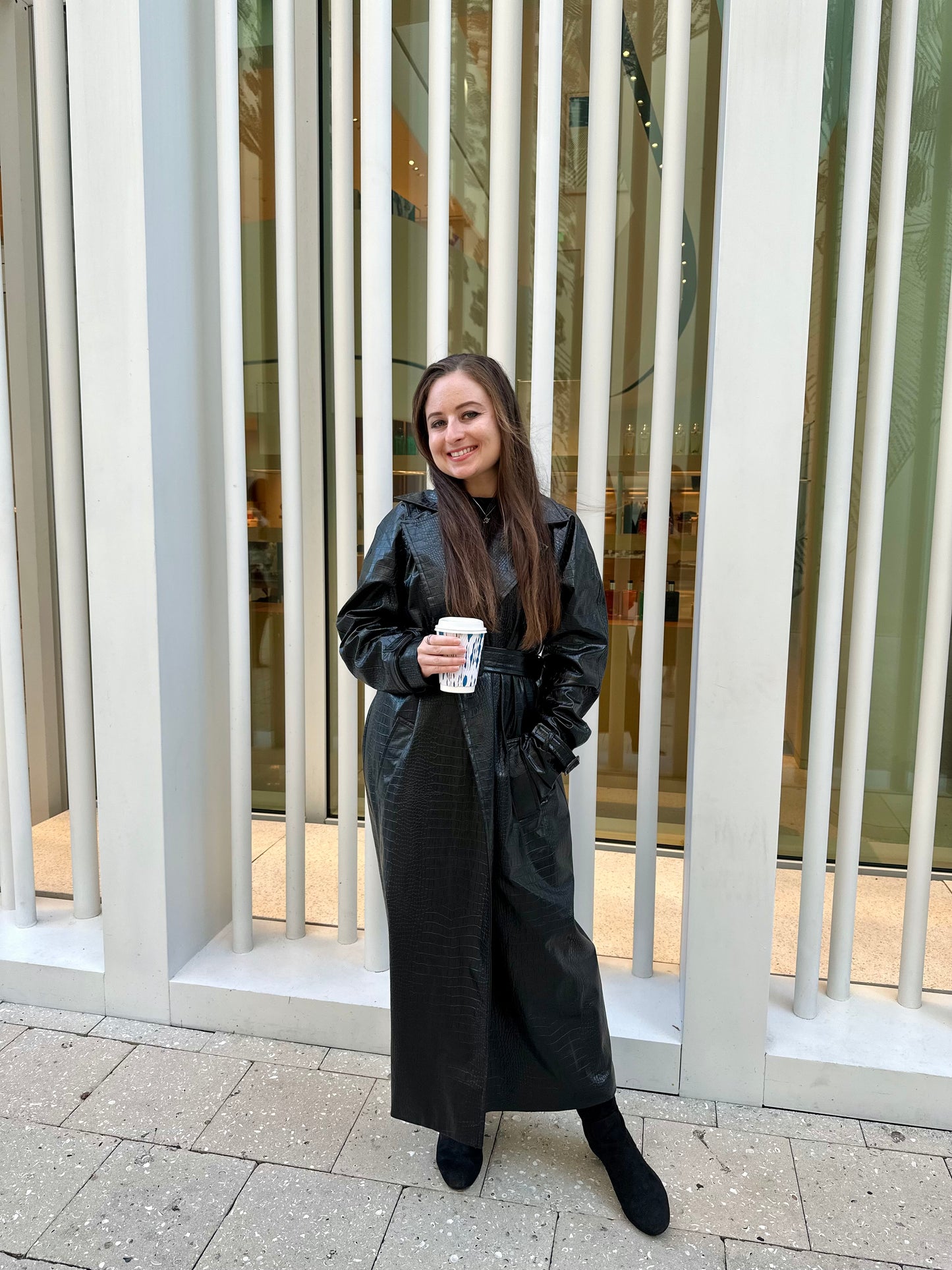 Black Crocodile-Embossed Faux Leather Trench Coat