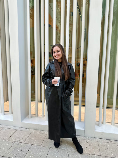 Black Crocodile-Embossed Faux Leather Trench Coat