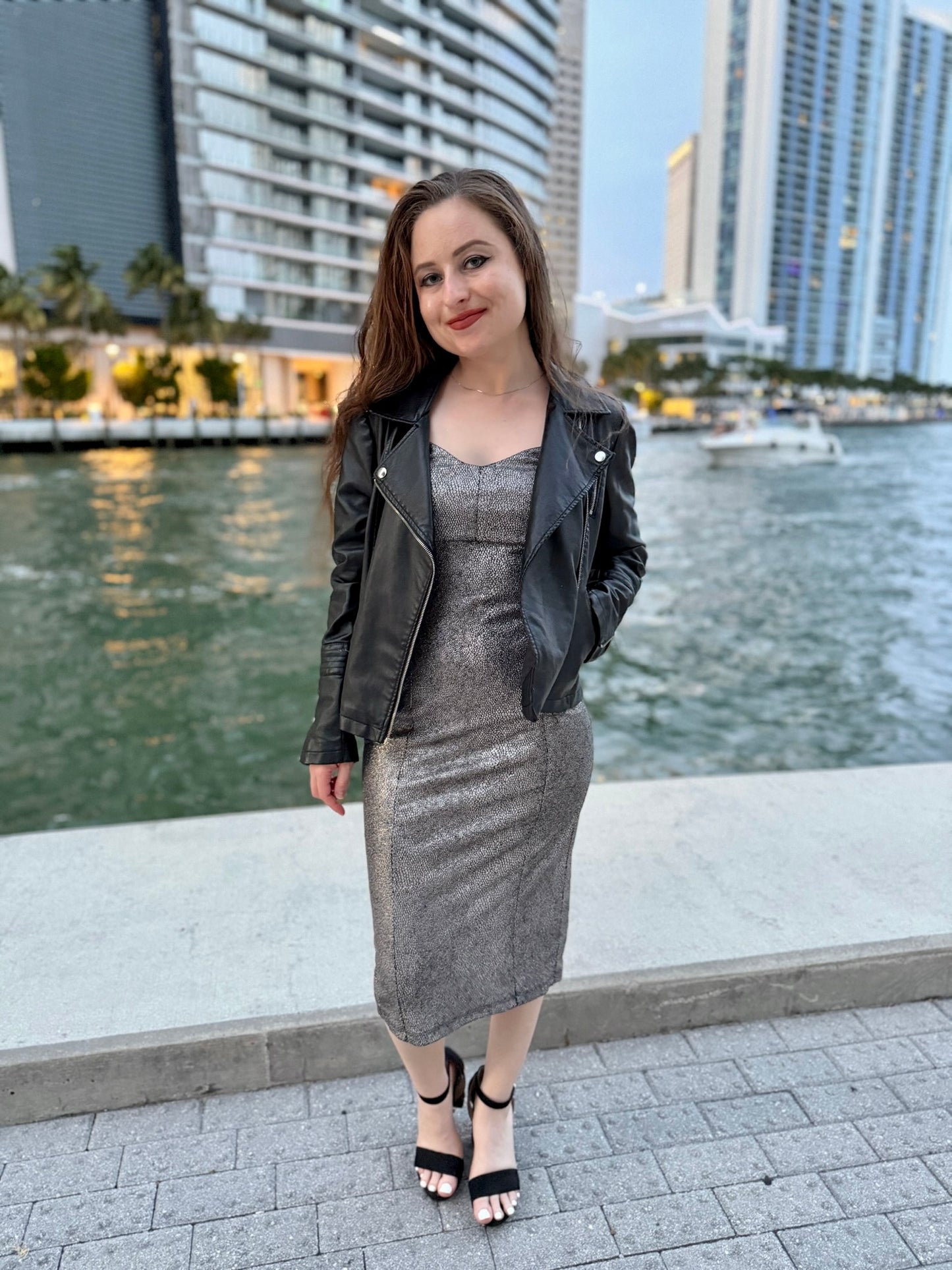 Textured Metallic Midi Dress - Black and Silver