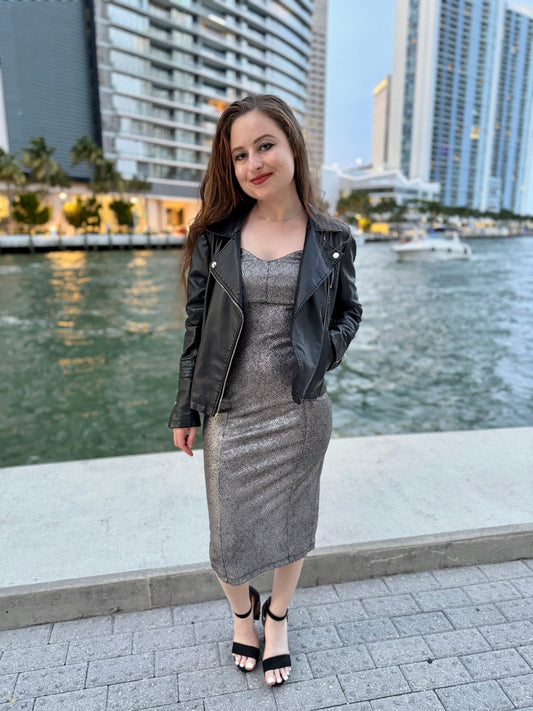 Textured Metallic Midi Dress - Black and Silver