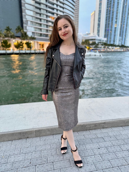 Textured Metallic Midi Dress - Black and Silver